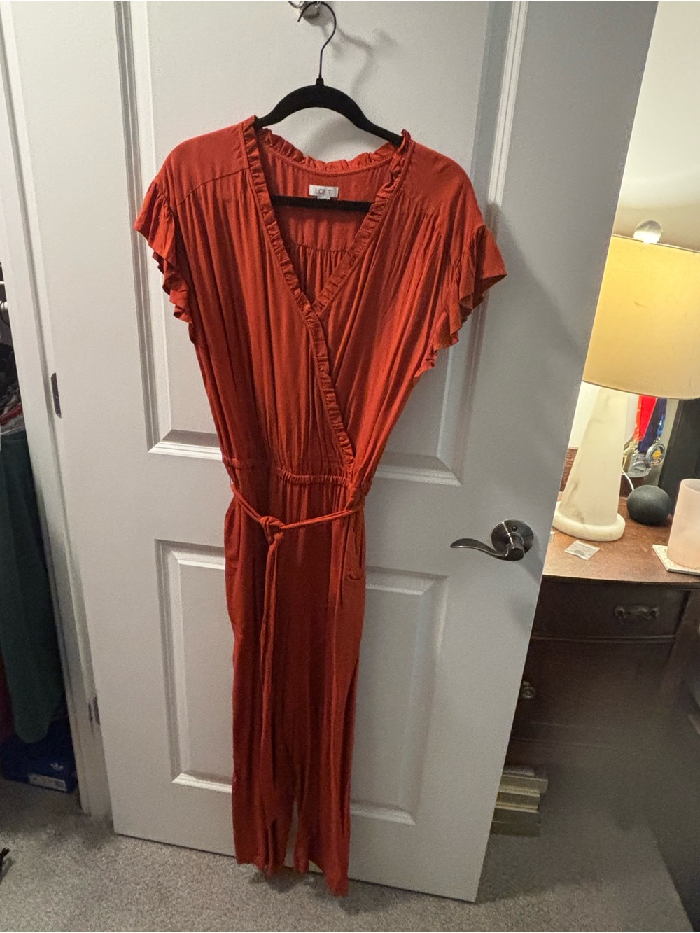 LOFT Rust Orange Flutter Sleeve Wrap Jumpsuit